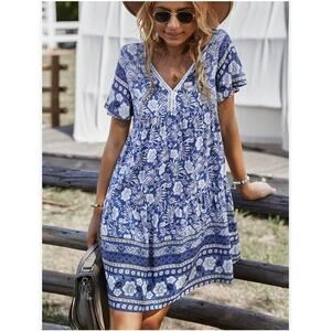 Bohemian Outsider Short Sleeve Blue White Floral Mini Summer Dress Size Small